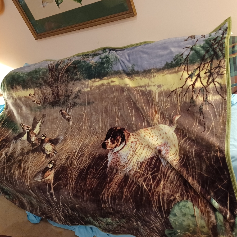 Plush Bichwood Vintage Dog Scenic Field Bird Quail Country Large Blanket Throw